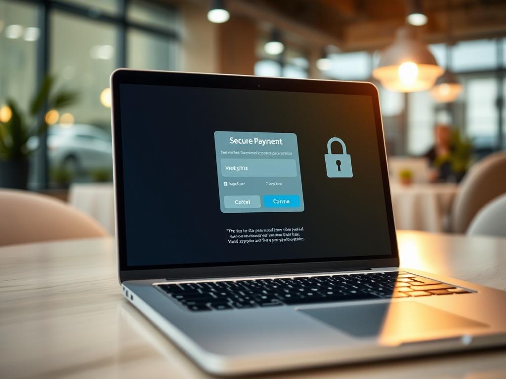 A close-up shot of a digital payment process on a laptop screen. The focus is on the screen displaying a secure payment confirmation, surrounded by a blurred background of a modern office setting. The lighting is bright and inviting, with a sense of technology and trust.