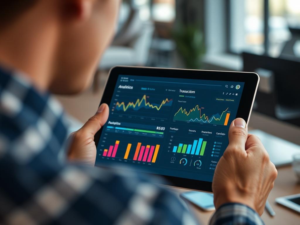 A close-up shot of a person using a tablet to view transaction analytics in a modern office. The focus is on the tablet screen showing colorful graphs and data. The background captures an organized workspace atmosphere.