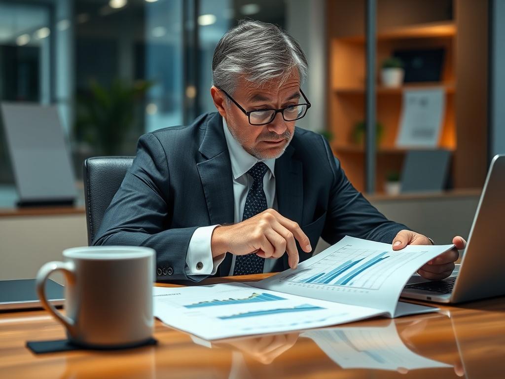 **AI Image Generation Prompt:**

Create a realistic high-resolution close-up photograph that embodies the theme of ‘The Silent Profit Killer: Understanding and Reducing the True Cost of Payment Failures.’ The composition should be simple and clear, featuring a solitary subject: a thoughtful business professional, a middle-aged man in a suit, sitting at a sleek desk with a concentrated expression. He should be analyzing reports on a digital tablet, with charts and graphs that convey declining revenue alongsi