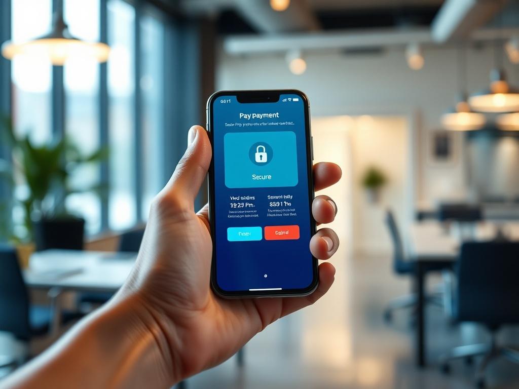 A realistic high-resolution close-up shot of a hand holding a smartphone displaying a secure payment app interface, set against a blurred background of a modern office environment. The focus is on the smartphone screen, showcasing the app's user-friendly design and security features. The lighting is bright and inviting, emphasizing the technology and innovation in the payment space.