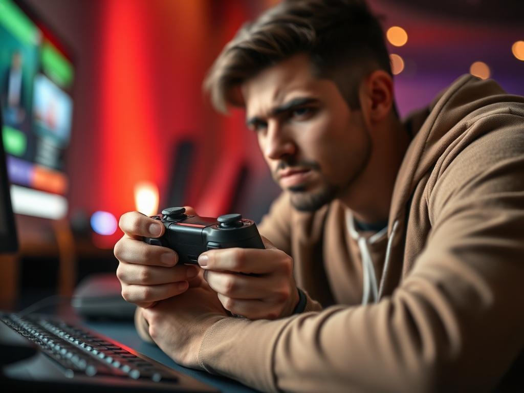 Create a realistic high-resolution photo that visually represents the theme of the blog titled "The True Cost of Payment Failures in iGaming: More Than Just a Declined Transaction." 

**Composition**: The image should feature a close-up shot of a distressed player sitting at a gaming console. The player is in the foreground, conveying emotion with a clear expression of frustration. 

**Subject Matter**: Focus on the player’s hands gripping the controller tightly, symbolizing the tension of a failed transact