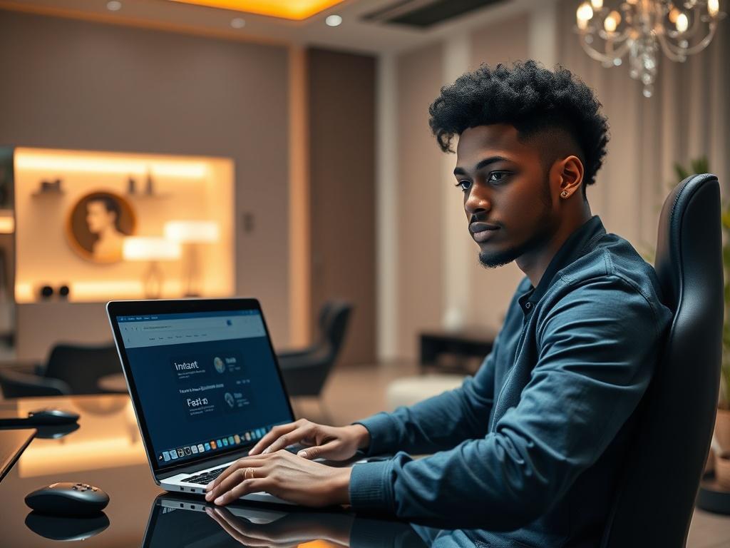 **AI Image Generation Prompt:**

Create a highly detailed, realistic high-resolution photo that visually represents the theme of "Instant vs. Fast Payouts: Which Withdrawal Method Builds More Player Trust in iGaming?". The composition should be simple and clear, featuring a single subject: a confident, focused player sitting at a sleek, modern gaming desk while using a laptop. The player is a young adult of diverse descent, exemplifying an engaged and tech-savvy individual.

In the foreground, prominently d