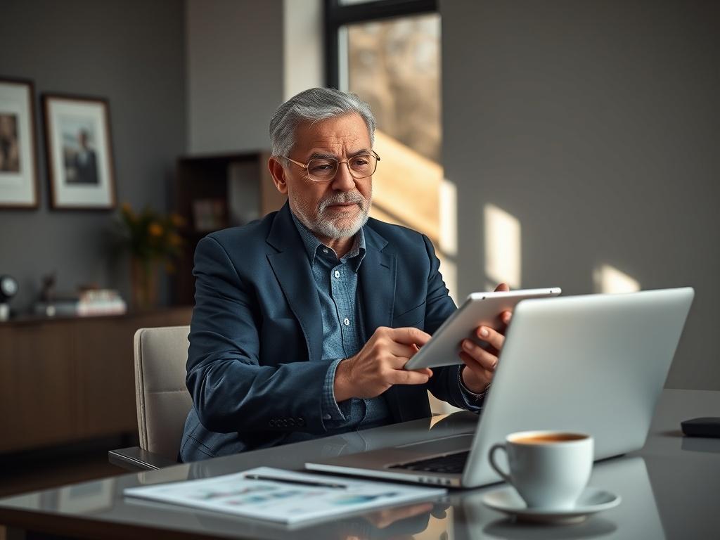 Create a realistic high-resolution image that captures the essence of "Understanding Payment Solutions for iGaming." The composition should focus on a single subject: a confident, professional-looking individual (perhaps a middle-aged man or woman) in an elegantly designed office space, engaged in a discussion over payment solutions. The individual could be holding a tablet displaying graphs or payment data related to iGaming transactions, emphasizing a modern and tech-savvy environment.

The background sho