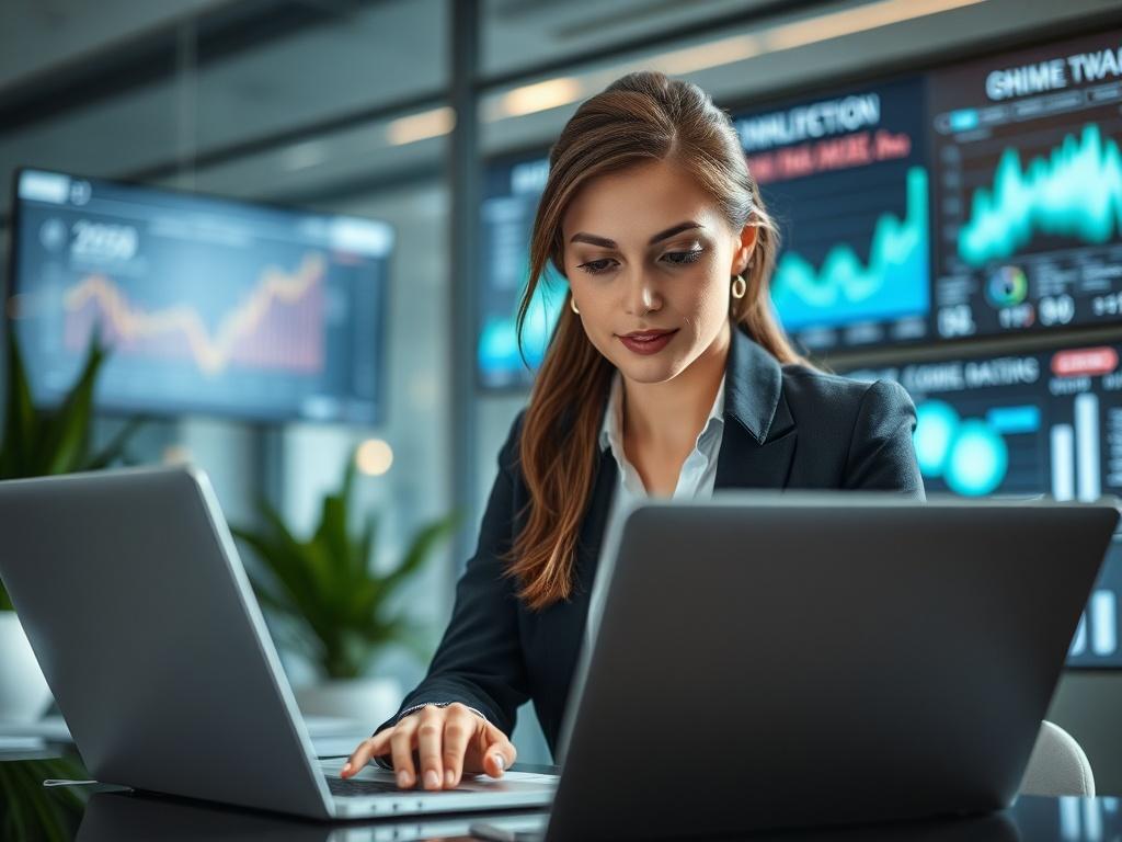 Create a highly detailed and realistic high-resolution photo that embodies the theme of the blog titled "Beyond Transactions: How Modern PSPs are Your Partner in Compliance and Risk Management (2025 Outlook)." The image should feature a confident, professional-looking female compliance officer in a modern office setting. She should be portrayed with a focused and engaged expression as she analyzes financial data on her laptop.

The composition should be simple and clear, with the compliance officer centrall