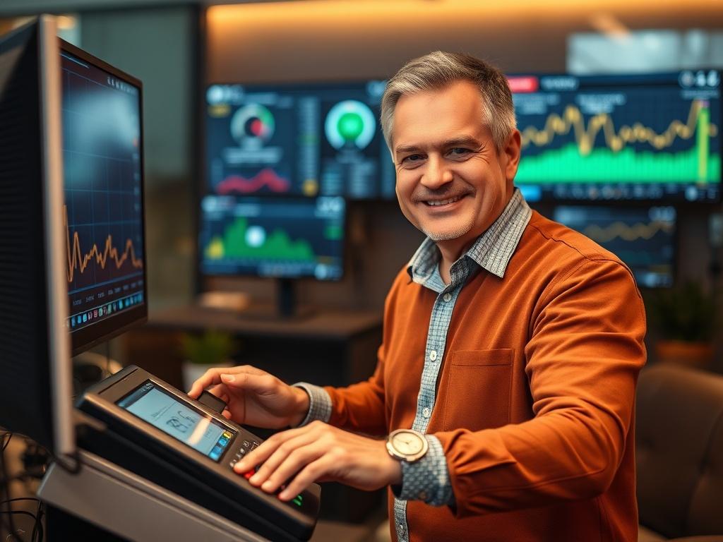 Create a realistic high-resolution photo that embodies the essence of the blog titled "Beyond the Deposit: Why Withdrawal Speed is Your Secret Weapon for Player Retention." The composition should be simple and clear, focusing on one subject: a confident iGaming operator interacting with a high-tech payment terminal. 

The operator, a middle-aged individual with an engaging smile, should be depicted in a modern, stylish office space that showcases a blend of technology and comfort. The background should have