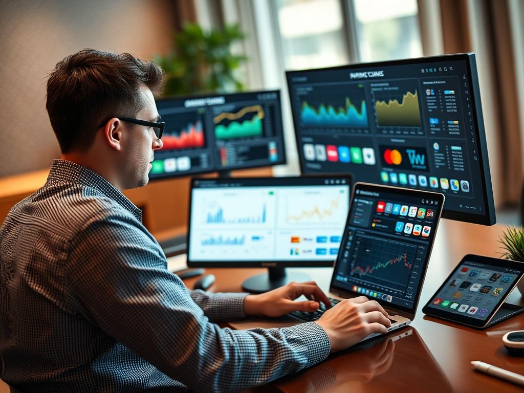 Generate a realistic high-resolution photo of a single, seasoned iGaming operator, sitting at a sleek, modern workstation. The operator should be deeply focused on a laptop screen displaying detailed graphs and analytics related to payment processing, with multiple payment provider logos subtly visible. Surround the subject with high-tech equipment such as dual monitors showcasing real-time transaction data and a tablet displaying a multi-PSP setup dashboard. 

The background should be softly blurred to hig