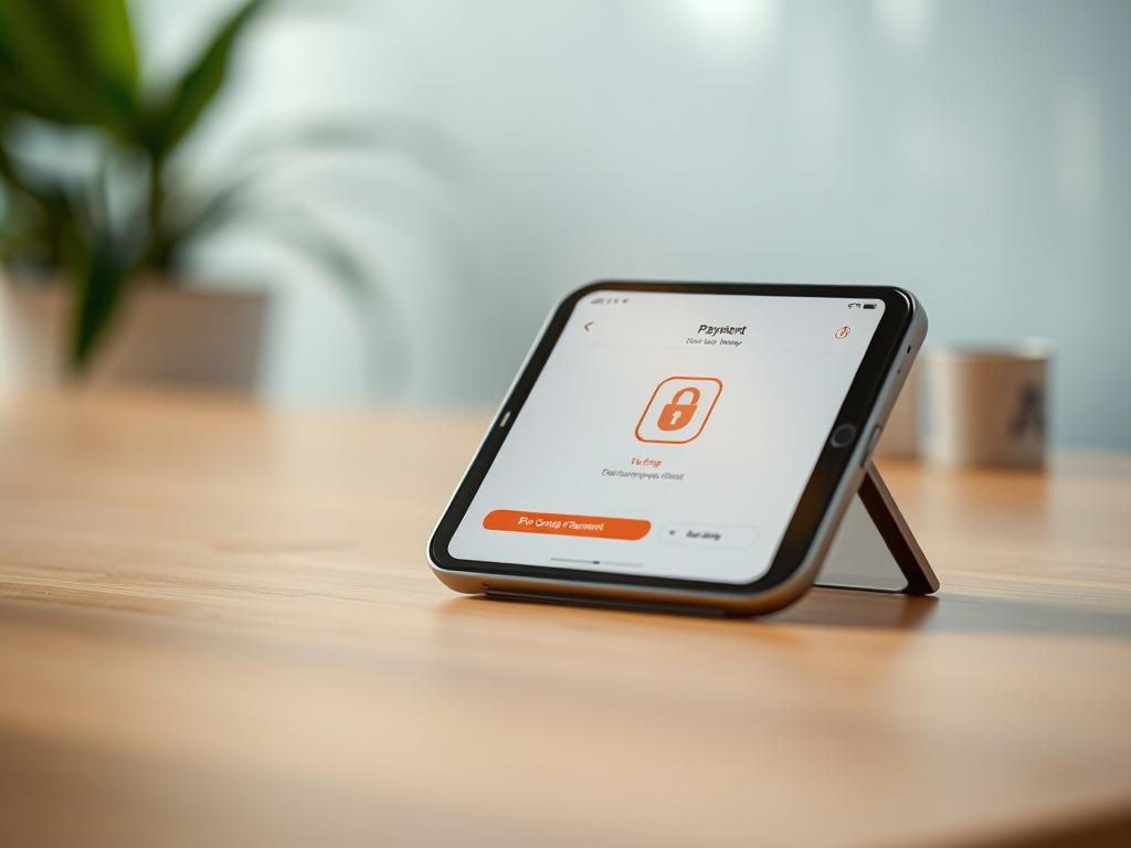 **Prompt for AI Image Generator:**

Create a realistic high-resolution photo that represents a blog titled "How does PSP work." The composition should focus on a close-up shot of a modern, sleek digital payment device, such as a smartphone or tablet, displaying a secure payment interface. This device should be prominently placed in the center of the image, showcasing a clean and user-friendly app interface indicative of the iGaming industry. 

The background should be softly blurred to emphasize the payment