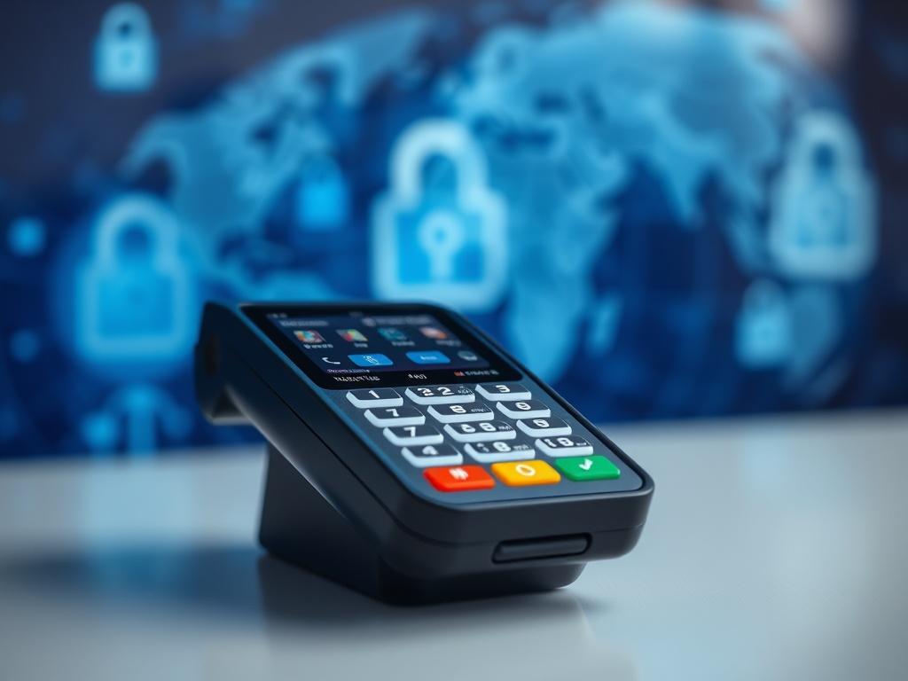 Create a realistic, high-resolution photo that captures the essence of a leading payment gateway in the iGaming industry. The composition should be simple and clear, featuring a single, prominent subject: a sleek, modern payment terminal. The terminal is designed to reflect cutting-edge technology, with a sleek touchscreen interface and an elegant, minimalist aesthetic. 

In the background, softly blurred, include elements that symbolize security and global connectivity, such as abstract representations of 