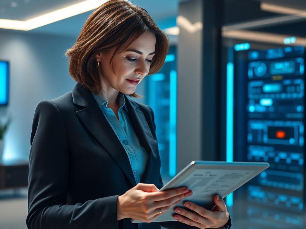 **AI Image Generation Prompt:**

Create a realistic high-resolution photo focused on a professional setting that reflects the theme "The Onboarding Bottleneck: How to Streamline KYC Without Sacrificing Security." The composition should feature a single subject: a confident business professional, a middle-aged woman, engaged in a discussion while examining digital documents on a tablet. She should be dressed in smart business attire, reflecting a sense of expertise and determination.

The background should b