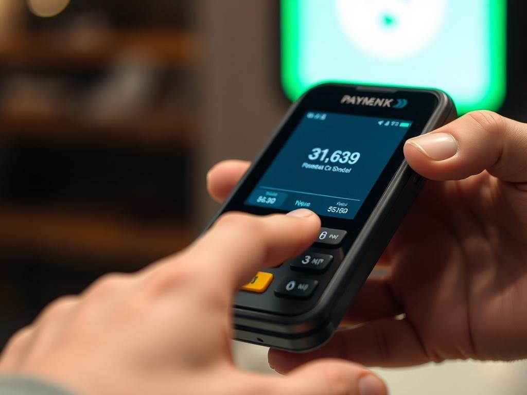 A close up shot of a modern digital payment device,