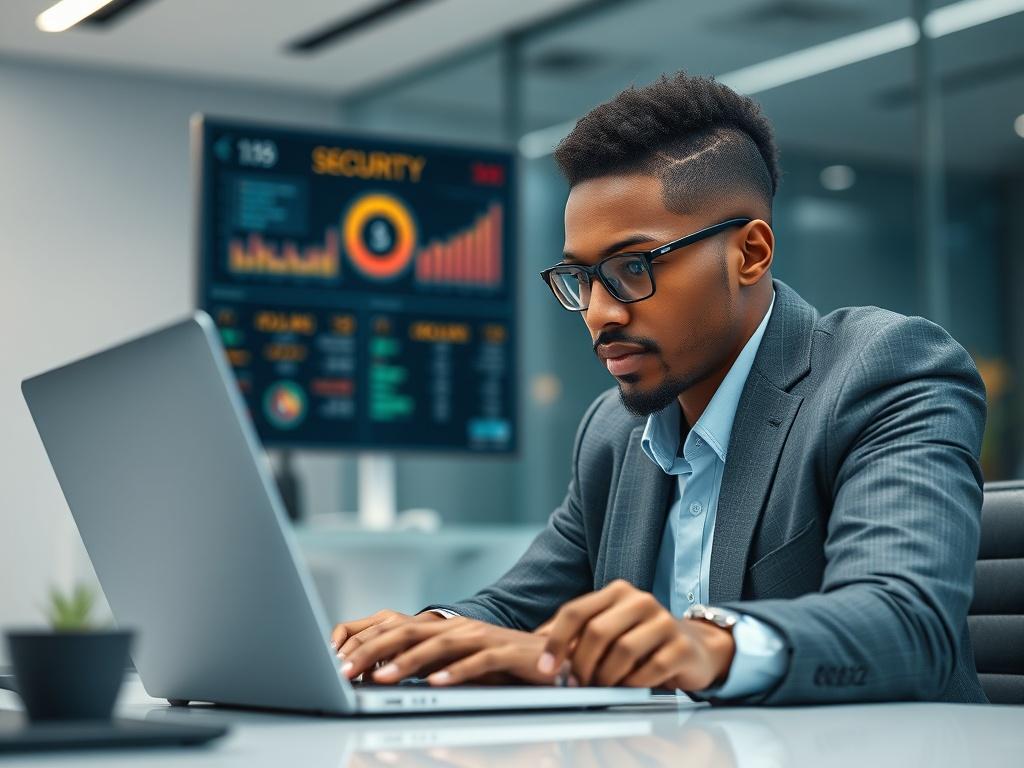 **AI Image Generation Prompt:**

Create a realistic high-resolution photo that captures the essence of fraud prevention in the iGaming industry, reflecting the balance between security and seamless player experience. The composition should feature a single subject: a professional-looking cybersecurity expert in a modern office environment. The expert, of South African descent, is focused intently on a laptop screen, symbolizing vigilance in fraud prevention. 

The background should be a sleek, minimalist of