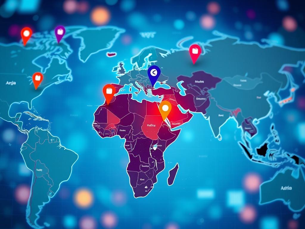 A world map with digital markers indicating various countries, representing