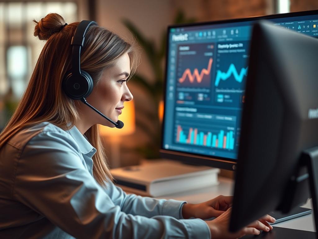 A customer service representative assisting a client over the phone,