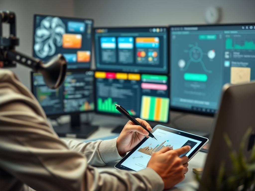 A graphic designer working on a digital interface for a