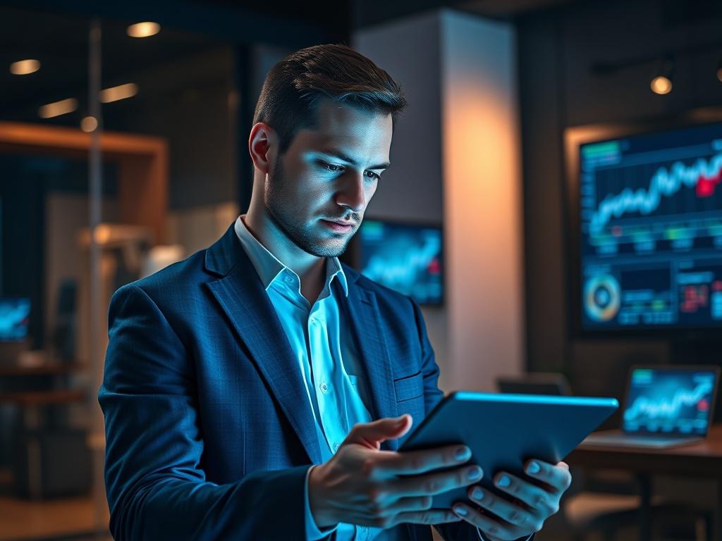 **AI Image Generation Prompt:**

Create a hyper-realistic high-resolution photo that embodies the theme of "Navigating iGaming Compliance: A PSP's Role in Secure and Legal Transactions." The composition should feature a single subject: a confident, professional financial analyst, a male in his late 30s, dressed in a tailored suit, looking thoughtfully at a tablet in his hands. The analyst should exhibit a focused expression, reflecting the careful attention required in navigating iGaming compliance. 

In th