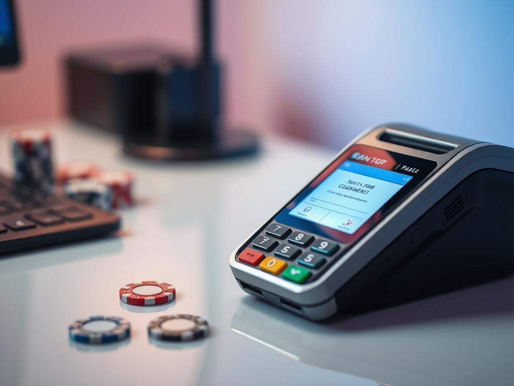 **AI Image Generation Prompt:**

Create a realistic high-resolution photo that represents the concept of payment tokenization in the iGaming industry. The main subject should be a close-up shot of a sleek, modern payment terminal setup on a minimalist desk. The terminal should be featuring a glossy interface displaying a secure payment confirmation, emphasizing the concept of safety and efficiency. Surrounding the terminal, ensure the desk is clean, showcasing faint reflections to add depth, with subtle hin