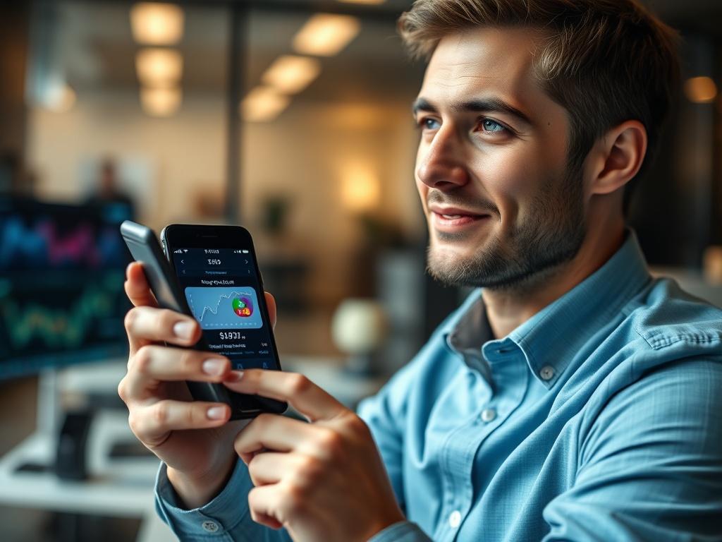 Create a highly detailed, realistic high-resolution photograph that embodies the concept of "Payment Service Provider" (PSP) within the iGaming industry. The image should feature a close-up shot of a professional and confident-looking individual, a person in their 30s with a friendly yet focused demeanor, deep in thought while holding a smartphone displaying a digital wallet application. The subject should be positioned centrally in the frame, ensuring a clear focus on their actions and expression without d