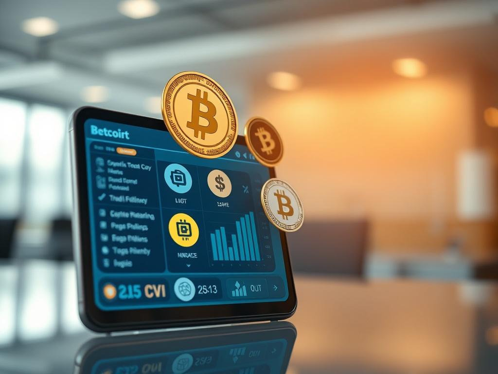 A hyper-realistic close-up shot of a digital cryptocurrency wallet interface displaying various cryptocurrencies being converted to traditional currency. The background should be a soft-focus, modern financial office environment that conveys a sense of security and innovation. The wallet interface should be clear and detailed, capturing the essence of seamless transactions.