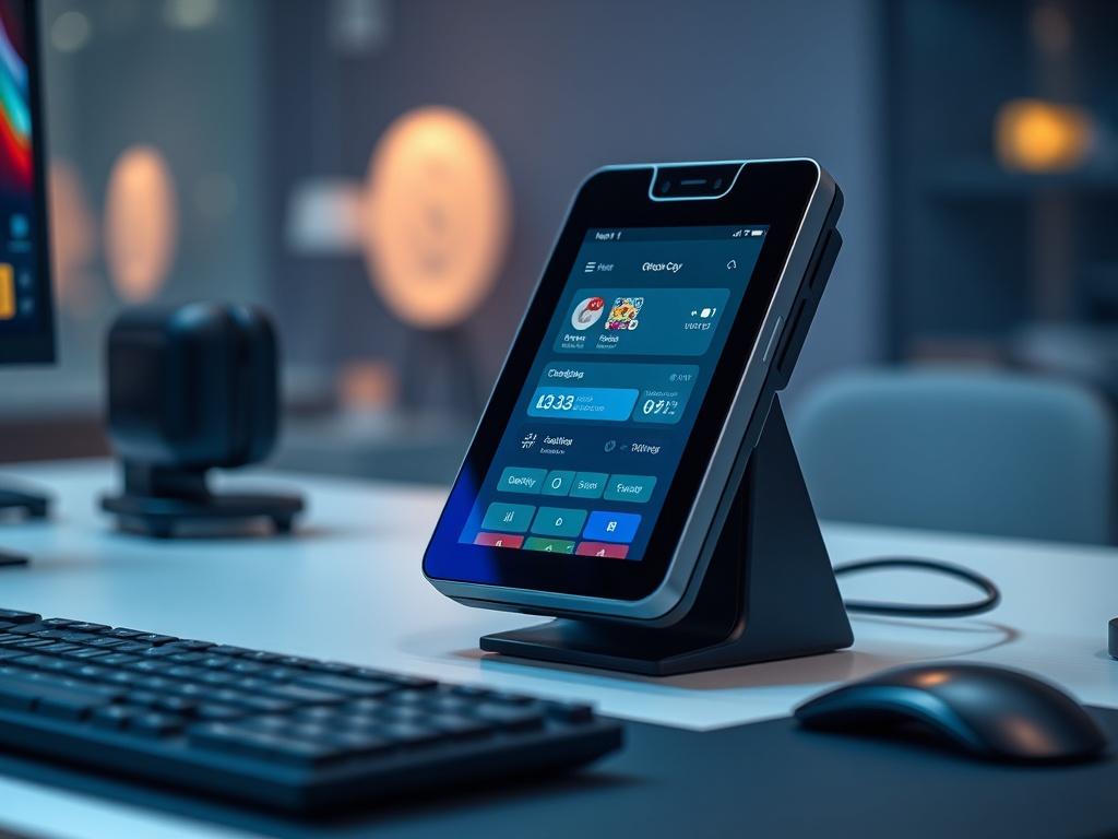 Create a highly detailed, hyper-realistic close-up image that encapsulates the theme of "Optimizing Your iGaming Checkout: UX and Payment Design Tips That Convert." The composition should be simple and clear, focusing on a single subject that embodies the essence of an effective iGaming checkout experience. 

The subject should be a sleek, modern digital payment terminal prominently displayed on a minimalistic gaming desk. The payment terminal should be equipped with a touch screen displaying a user-friendl