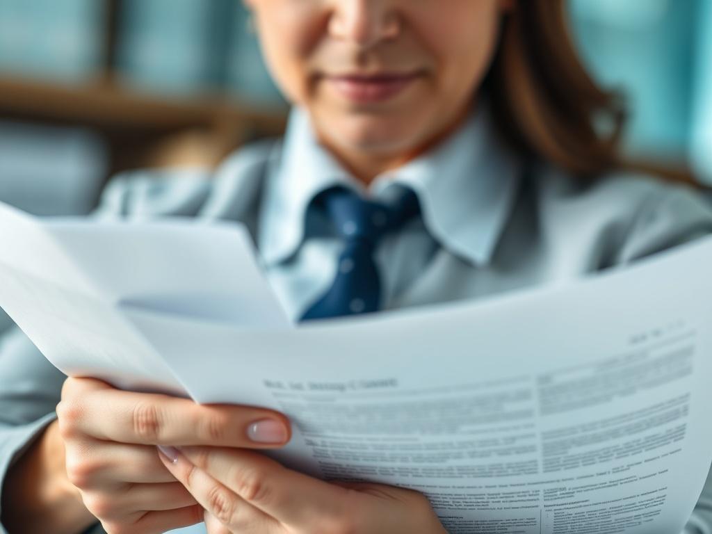 A close-up shot of a professional consultant reviewing regulatory documents with a focused expression. The background should be blurred, emphasizing the consultant and the documents. Use a realistic style with high-resolution detail, shot with a 45mm f/1.2 lens. The image should convey a sense of expertise and professionalism in the compliance field, compatible with the rgb(40, 93, 225) primary color.
