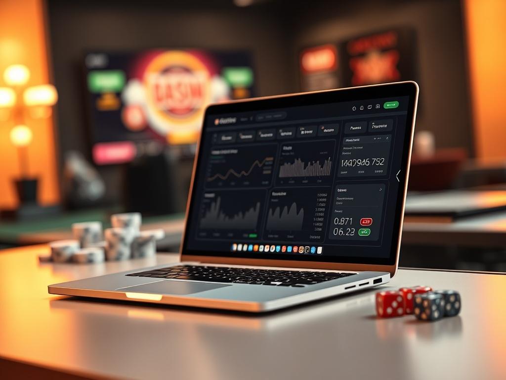 Create a hyper-realistic, high-resolution photo that represents the concept of a Payment Service Provider (PSP) in the iGaming industry. The composition should feature a single, professional-looking laptop open on a sleek gaming desk, with a soft-focus background showcasing a dynamic online casino interface. 

The laptop screen should display a visually appealing and intuitive payment dashboard, featuring clear graphs and transaction details, symbolizing speed and security in payments. Ensure the lighting i