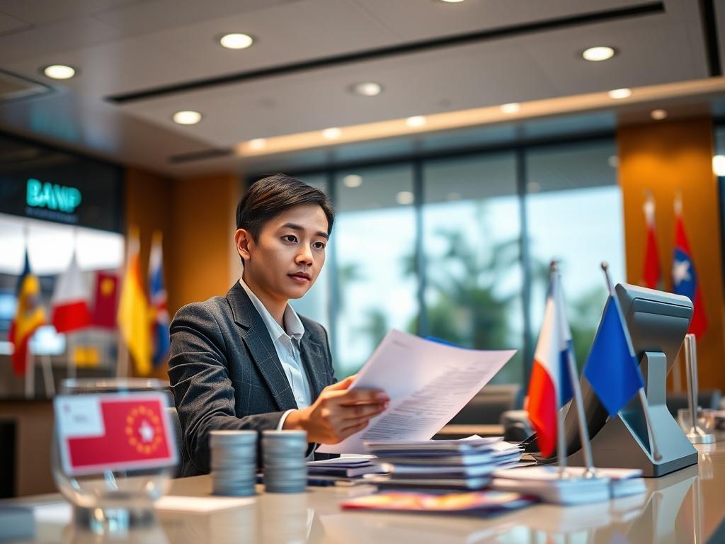 A close-up shot of a professional-looking bank teller at a modern bank desk, surrounded by currency notes and international flags representing global finance. The background is softly blurred to focus on the teller, who is attentively assisting a client with cross-border transaction paperwork. The lighting is warm and inviting, emphasizing a sense of trust and efficiency in banking services. The color scheme includes rich blues and whites, resonating with the iGamingPSP brand color of rgb(40, 93, 225). Shot