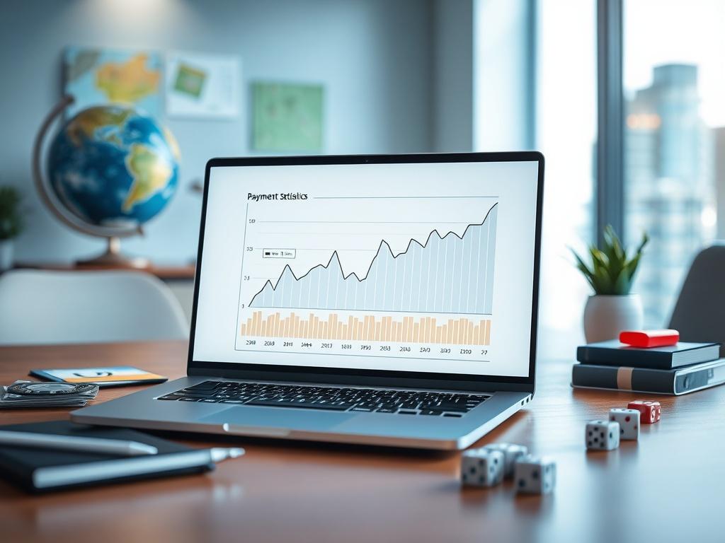 **AI Image Generation Prompt:**

Create a realistic high-resolution close-up photo of a modern, professional-looking office desk set up for a financial transaction in the iGaming industry. The primary subject should be a high-tech laptop displaying a graph of global payment statistics on its screen, symbolizing the theme of cross-border payments. Place the laptop at the center of the image, ensuring it's in sharp focus to highlight its sleek design and the clear display of the graph. 

The background should