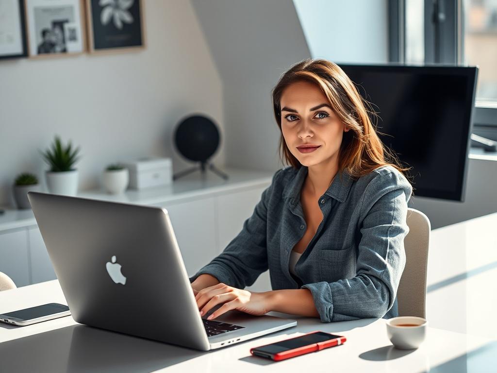 **Prompt for AI Image Generator:**

Create a realistic high-resolution photo that embodies the concept of "How Payment Aggregators Help Startups Go Live in Days, Not Months." The composition should feature a single subject: a confident entrepreneur, a young woman in her late 20s, sitting at a sleek, modern desk with a laptop open in front of her. She should be looking directly at the camera with a determined expression, symbolizing ambition and readiness to launch her startup.

The background should be a cl