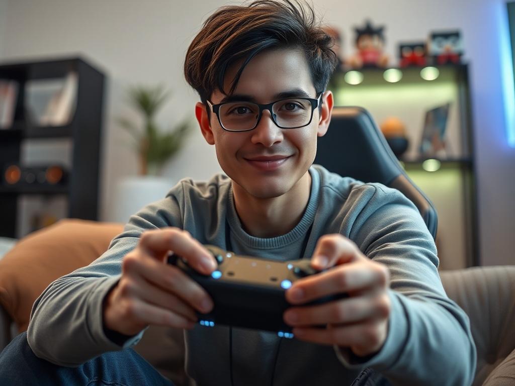 **AI Image Generation Prompt:**

Create a hyper-realistic high-resolution photo centered on a close-up view of a sleek, modern gaming console with advanced AI technology visibly integrated into the design. The console should have an elegant, futuristic look, with elements illustrating its AI capabilities, such as glowing sensors or a digital display panel, but without any text present on the screen. 

The image should capture a single player engaged in a seamless gaming experience, showcasing a focused expr