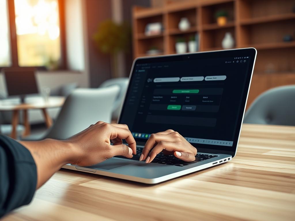 **Prompt for AI Image Generator:**

Create a hyper-realistic high-resolution photo that embodies the theme of selecting the best iGaming payment provider. The image should feature a sleek, modern laptop prominently situated on a clean, minimalist wooden desk. 

The laptop screen should display a user-friendly interface of a payment platform, subtly indicating ease of navigation without including any text or logos. 

In the foreground, place a pair of hands, belonging to a diverse individual, confidently int