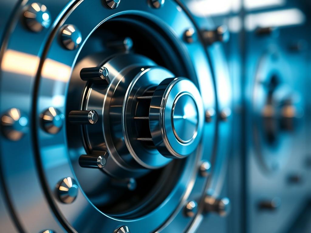 A focused, high-resolution close-up shot of a secure bank vault door, symbolizing client fund protection. The vault door should be shiny and metallic, showcasing intricate locking mechanisms, with a soft, blurred background that suggests a professional and secure environment. The color palette should subtly incorporate shades of blue to align with the brand's primary color rgb(40, 93, 225). Use a 45mm f/1.2 lens style for a hyper-realistic effect.