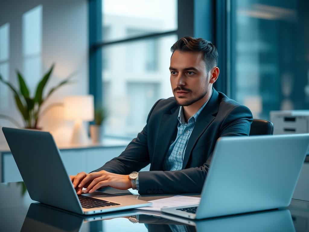 Create a realistic high-resolution photo that captures the essence of regulatory compliance in iGaming payments. The image should feature a single subject: a confident, professional-looking person in business attire, seated at a sleek, modern desk with a laptop open in front of them. This individual should be in the process of analyzing payment data or compliance documents, symbolizing their focus on regulatory requirements in the iGaming industry. 

The background should be softly blurred, emphasizing the 