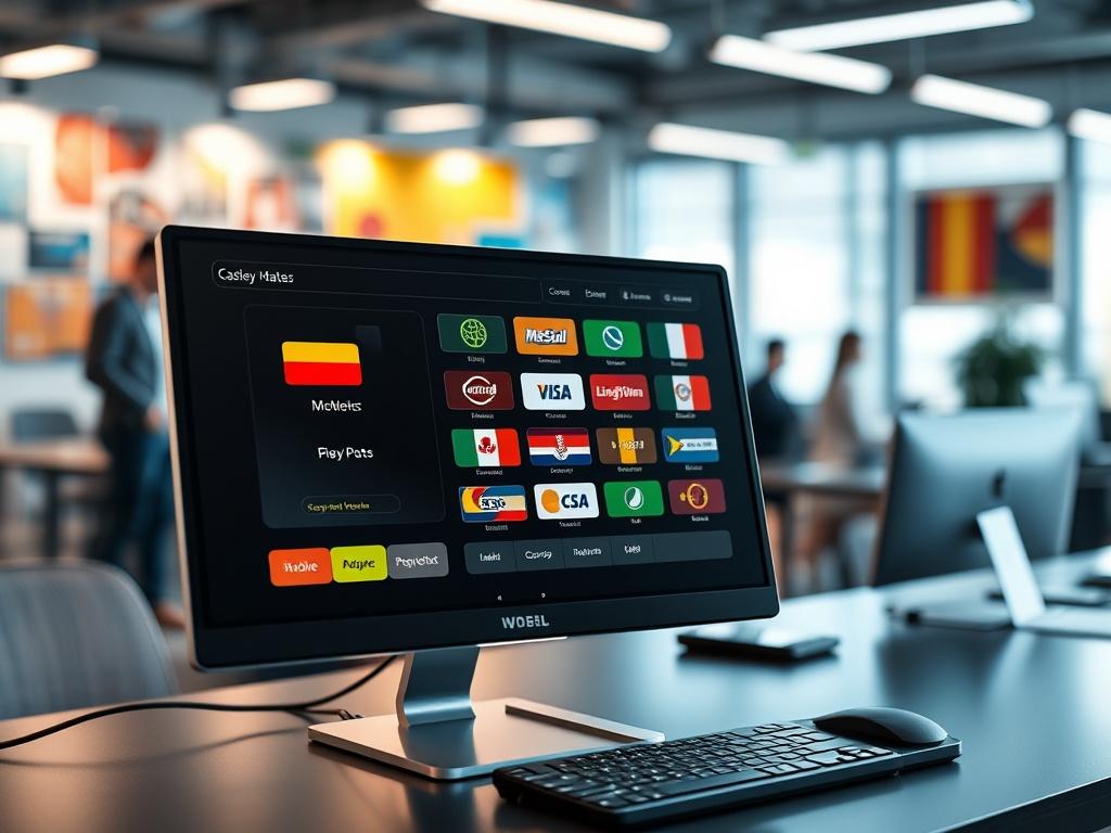 Create a realistic high-resolution photo that captures the essence of "Cashier Localization for iGaming." The composition should feature a single cashier interface displayed on a sleek, modern computer screen, symbolizing the localization process in the iGaming industry. The interface should showcase diverse payment options that reflect various cultures, such as mobile wallets, credit cards, and regional payment methods, displayed in a user-friendly manner.

In the background, include a softly blurred image