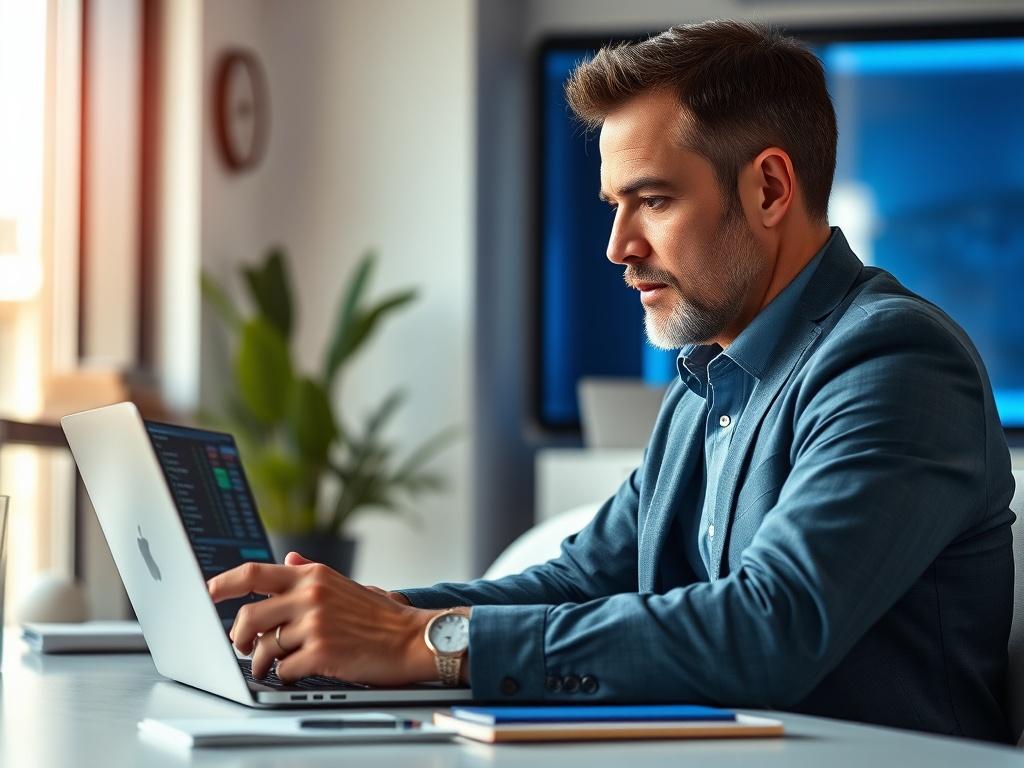Create a realistic high-resolution close-up photo capturing a focused professional working on a laptop in a modern office setting. The individual should be a middle-aged man with a thoughtful expression, dressed in business casual attire, representing the financial and iGaming industries. He is examining payment data displayed on the laptop screen, conveying a sense of concentration and problem-solving.

The background should be a clean, well-organized office space with minimal distractions; include a sleek