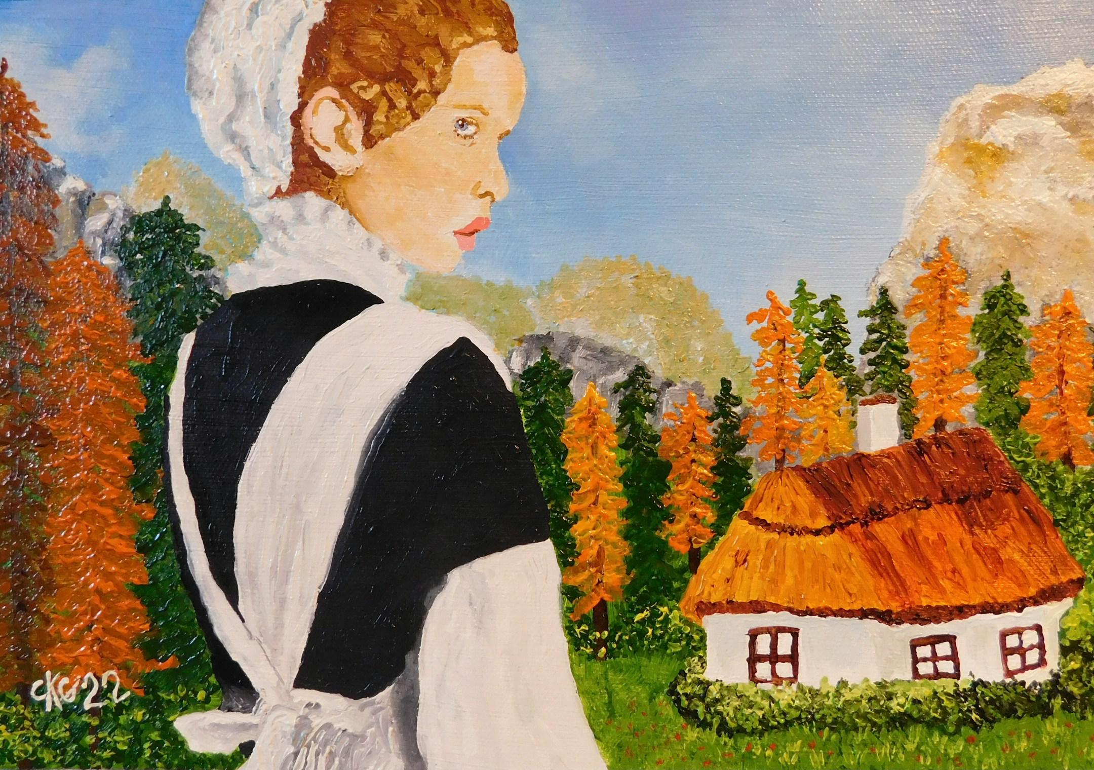 This red haired young lady was inspired by the memory of my Grandmother, who in 1914 worked in service for the Trevellyn family and the Claverings as lowly kitchen maid. Born in 1900 in the tightest oppressive class system. She was impressed by the footman to believe herself to be as equal and worthy of respect as those she served. Rather than curtsying and stepping aside for the arrogant wealthy. The footman gave her courage to hold her head high and just keep walking. Grandma Martha Jane was strong willed