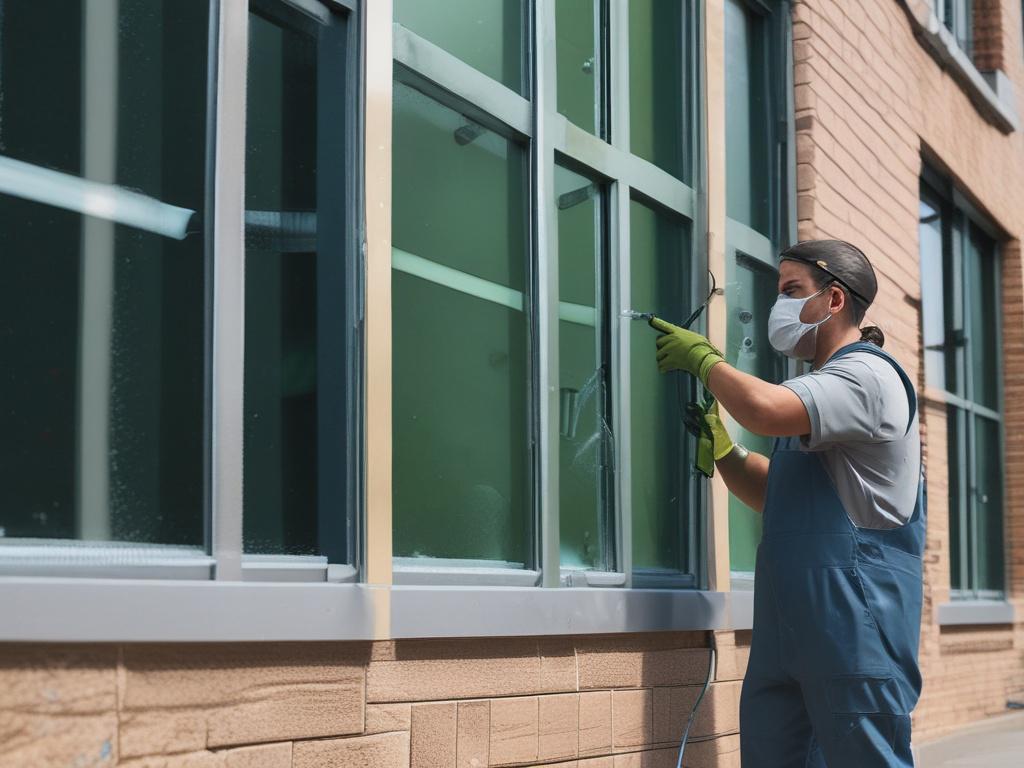 A close-up image showing a technician carefully applying soft wash solution on a commercial building’s exterior wall, visible cleaning effect with algae removal, hyper-realistic, 45mm f/1.2 lens style, natural daylight, highlighting rgb(50,170,39) tones, focused on the gentle cleaning process.