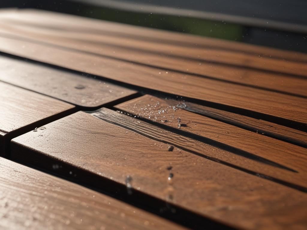 A close-up shot of a clean wooden deck with visible contrast between cleaned and uncleaned sections, water spraying in action, hyper-realistic, 45mm f/1.2 lens style, vibrant natural lighting emphasizing rgb(50,170,39), clear focus on the texture and cleanliness of the deck.