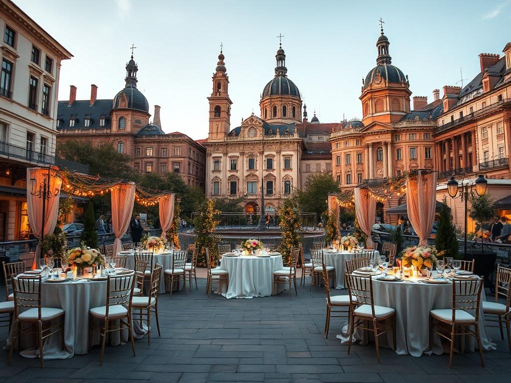 A serene outdoor wedding setup in a historic European city, featuring elegant floral arrangements, soft golden lighting, and a stunning backdrop of iconic architecture. The scene should evoke a sense of refinement and tranquility, with a focus on the beautifully arranged tables and chairs, elegantly draped fabrics, and subtle decorations that enhance the picturesque location.