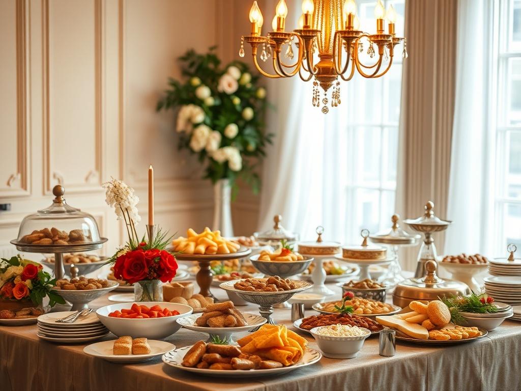 A beautifully arranged buffet table showcasing a variety of gourmet dishes and elegant serving ware. The table is adorned with fresh flowers and decorative elements, creating an inviting feast for guests. The focus should be on the variety of food as the main subject.