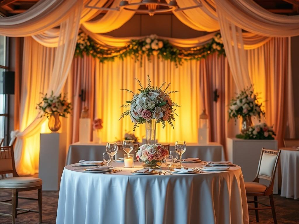 An elegantly decorated event space featuring a beautifully arranged table with floral centerpieces and ambient lighting. The backdrop showcases soft drapes and tasteful decorations, creating a warm and inviting atmosphere. The focus should be on the table setting as the main subject.