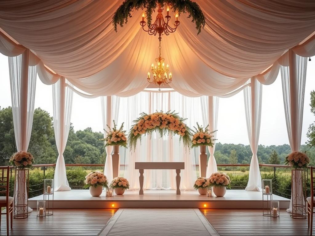A beautifully decorated wedding venue featuring an elegant altar with flowers and soft lighting. The setting is outdoors with a serene backdrop of greenery and soft pastel colors. The scene should convey romance and tranquility, with a focus on the altar as the main subject.