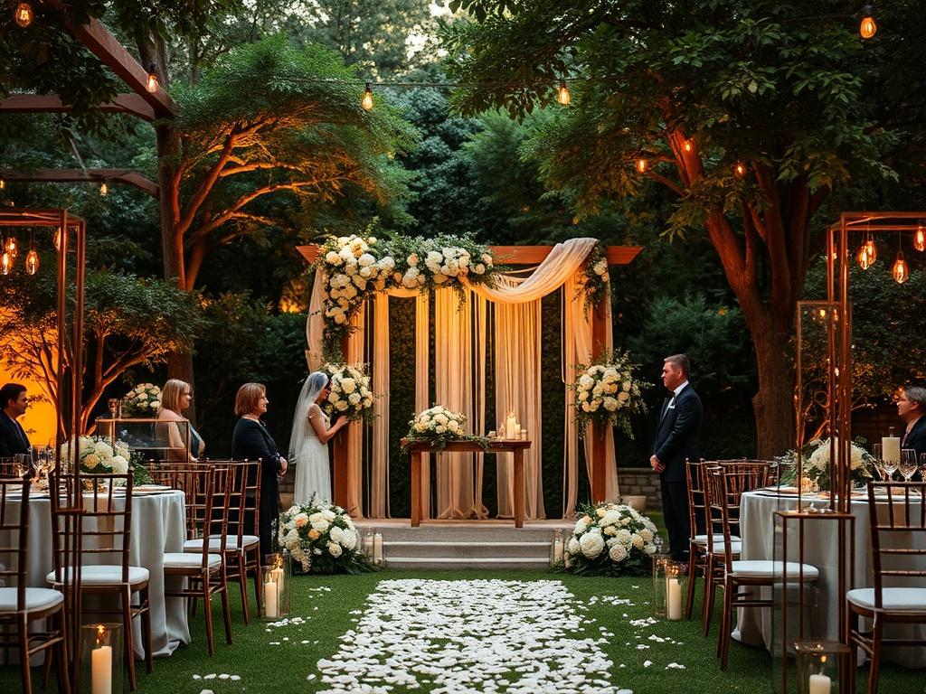 A serene outdoor wedding setting with a small gathering, featuring elegant décor, soft lighting, and floral arrangements. The atmosphere is cozy and romantic, showcasing a beautifully decorated altar with flowers and a simple wooden arch. The background includes lush greenery and gentle lighting, creating a warm ambiance for the intimate celebration.