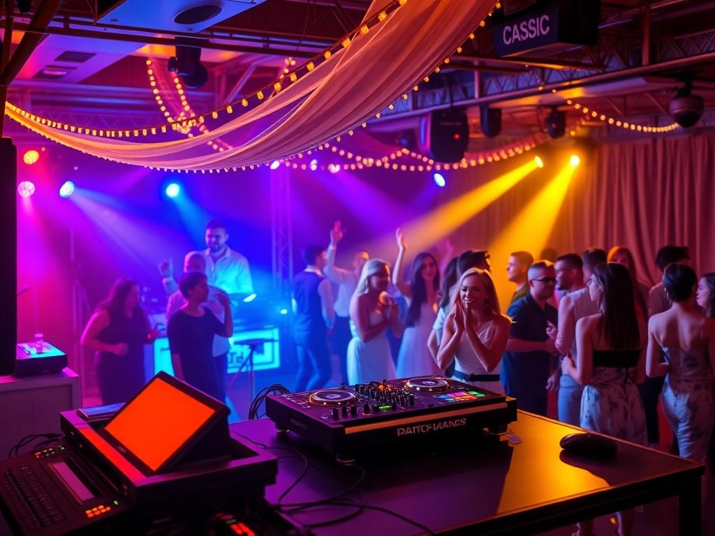 An energetic dance floor scene with a DJ booth, colorful lighting, and guests dancing joyfully. The setup includes professional sound equipment and vibrant lighting effects, creating a lively atmosphere. The background features happy guests enjoying the music, showcasing the excitement of the event.