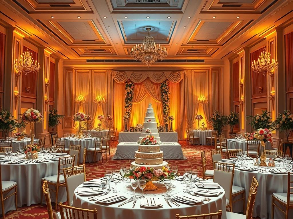 A lavish wedding reception setup indoors, featuring elegant table arrangements, stunning centerpieces, and ambient lighting. The scene showcases beautifully decorated tables with luxurious tableware, floral decorations, and a grand cake display. The atmosphere is sophisticated and festive, capturing the essence of a grand celebration.