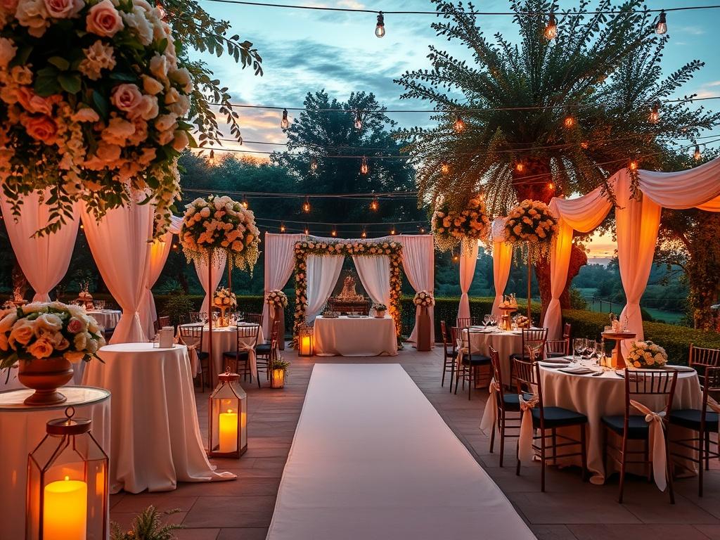 A serene wedding scene featuring a beautifully decorated outdoor venue with elegant floral arrangements, soft lighting, and tables set for a romantic dinner. The atmosphere is warm and inviting, capturing the essence of a perfect wedding day. The background showcases lush greenery and a sunset sky, creating a cozy, golden hue that enhances the emotional ambiance of love and celebration.
