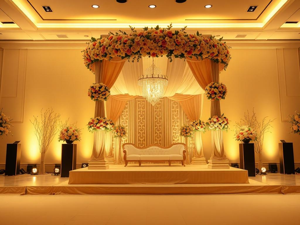A luxurious event setting featuring a beautifully crafted mandap adorned with intricate floral installations, elegant draping, and ambient lighting. The background showcases soft golden hues, creating a serene atmosphere. The stage design is elegant and sophisticated, perfectly complementing the overall décor. The scene is inviting and warm, capturing the essence of a high-end event.