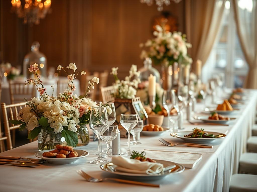 A beautifully arranged banquet table set for a refined event, featuring elegant plates, sparkling glassware, and a variety of gourmet dishes. The table is adorned with soft, golden hues and delicate floral arrangements, creating a serene and inviting atmosphere. The background is softly blurred to emphasize the exquisite details of the table setting, capturing the essence of premium catering.