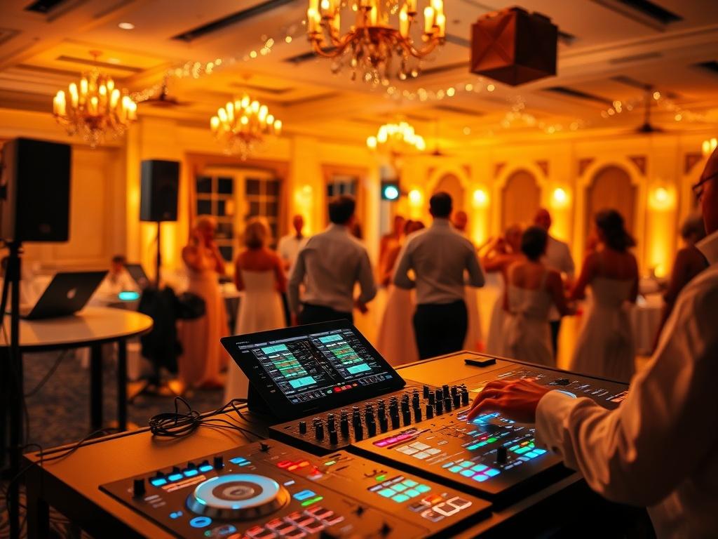 A professional DJ setup featuring a high-quality sound system and intelligent lighting at a vibrant wedding reception. The scene shows a DJ mixing tracks behind a sleek console with colorful lights illuminating the dance floor, creating an energetic atmosphere. The venue is elegantly decorated, enhancing the festive mood, with guests dancing in the background. The image is rendered in cozy, golden hues and soft lighting to capture the celebratory essence.