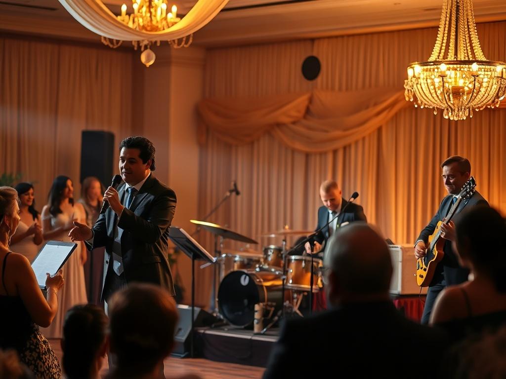A serene event setting featuring a talented live band performing on stage, surrounded by elegantly dressed guests enjoying the music. The background shows soft, golden lighting and decorations that create a warm, inviting atmosphere. The focus is on the band members, with one singer engaging the audience and musicians playing various instruments. The image captures the joy and energy of live entertainment, showcasing a professional and polished performance.