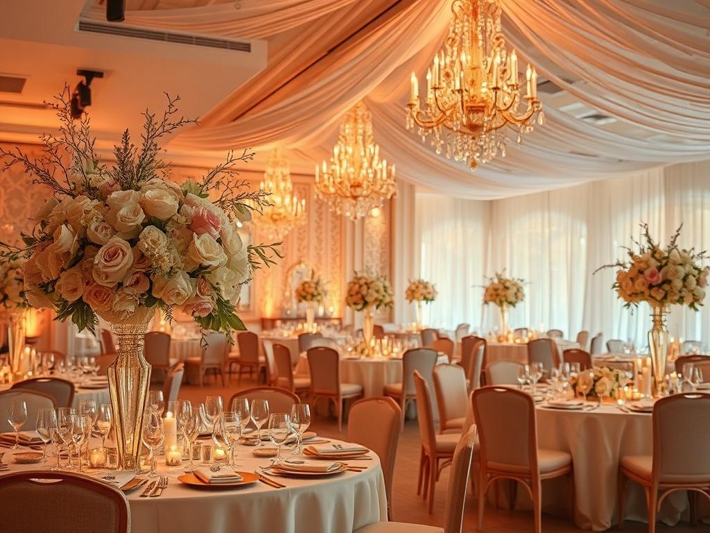 A beautifully decorated luxury wedding reception scene featuring elegant floral arrangements, opulent lighting, and sophisticated table settings. The setting is serene with a soft golden hue, showcasing a stunning backdrop that exudes romance and luxury. Capture the essence of a high-end event atmosphere with attention to detail and a focus on elegance.